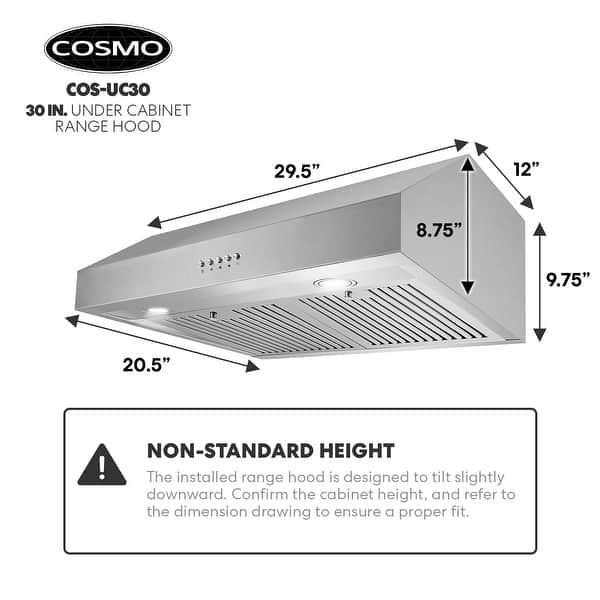 dimension image slide 1 of 2, Cosmo 30 in. Ducted Under Cabinet Range Hood with 380 CFM, 3 Fan Speeds - 30 in.