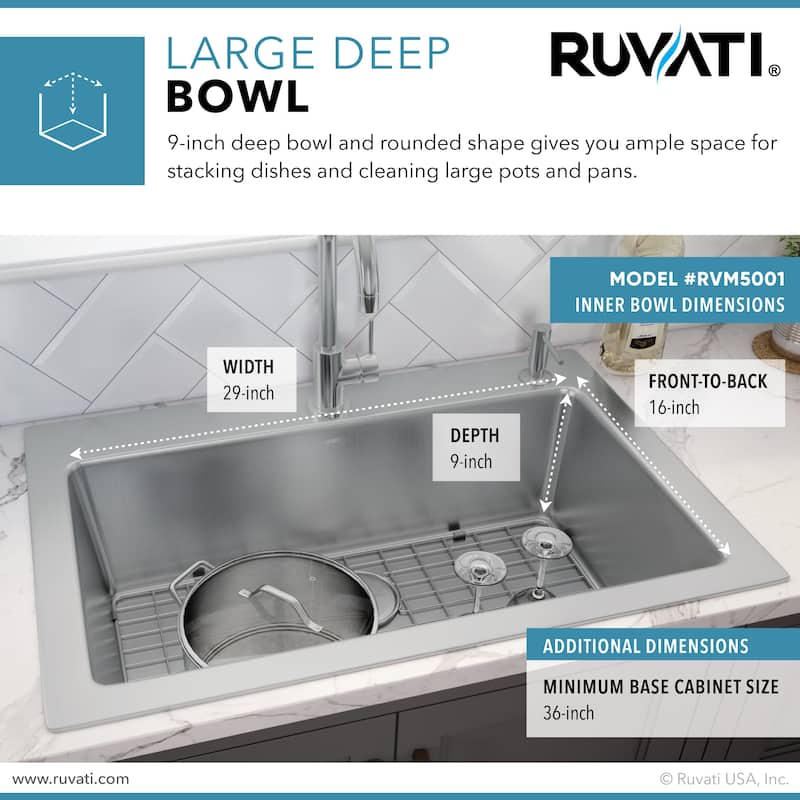Ruvati 33 x 22 inch Drop-in Topmount Kitchen Sink 16 Gauge Stainless Steel Single Bowl - RVM5001 - 33" x 22"