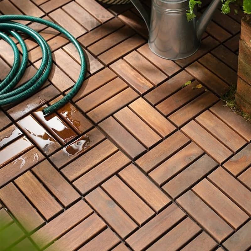 1 ft. x 1 ft. Acacia Wood Outdoor Interlocking Deck Tiles, Box of 10 - Brown - 12 Slats
