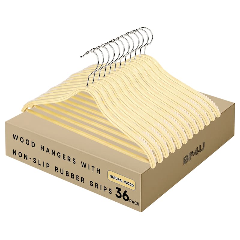 BP4U Slim Birch Wood Suit Hangers with Pants Bar, Lightweight Coat Wooden Hangers for Trousers, Sweaters, Dresses - 36-Pack - Natural Wood