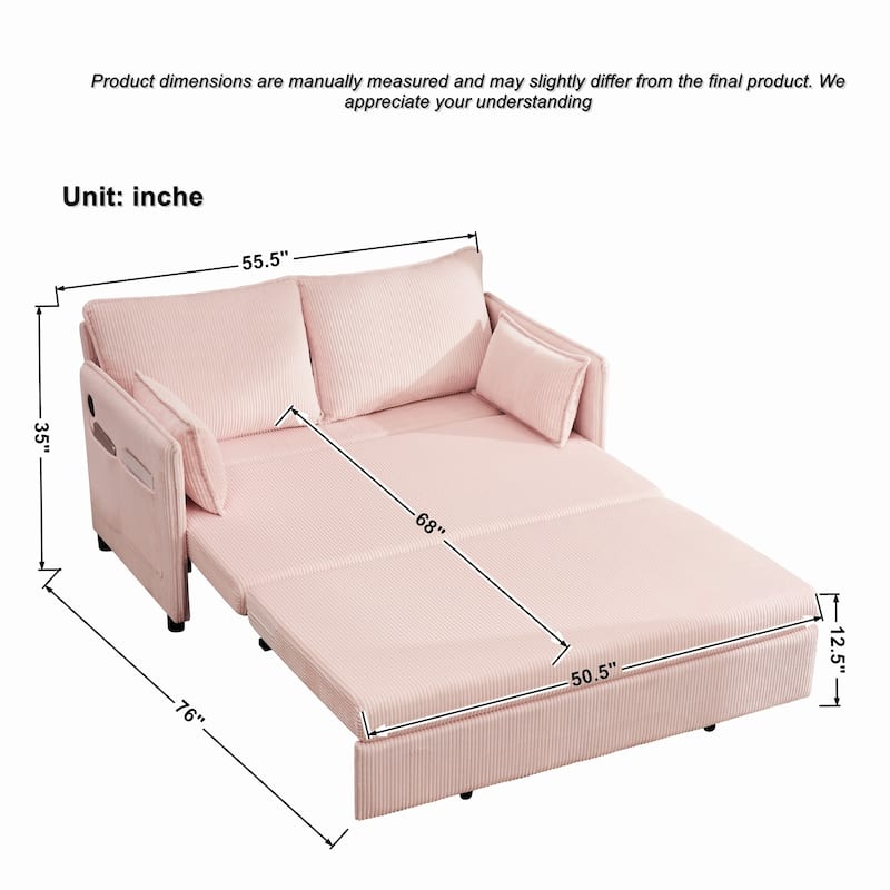 Roomfitters 55" Modern Corduroy Sofa Bed with Pull-out Sleeper Design, Modular Daybed with Storage Pocket & Pillows
