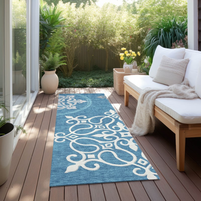 Machine Washable Indoor/ Outdoor Chantille Bold Medallions Rug - Teal - 2'3" x 7'6"