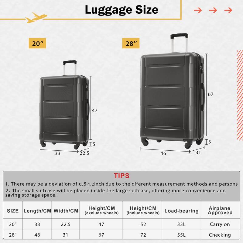 2-Piece, Modern Luggage Sets, Expandable Luggage with 360-Degree Swivel Wheels and TSA lock, for Boarding Travel, Dark Gray