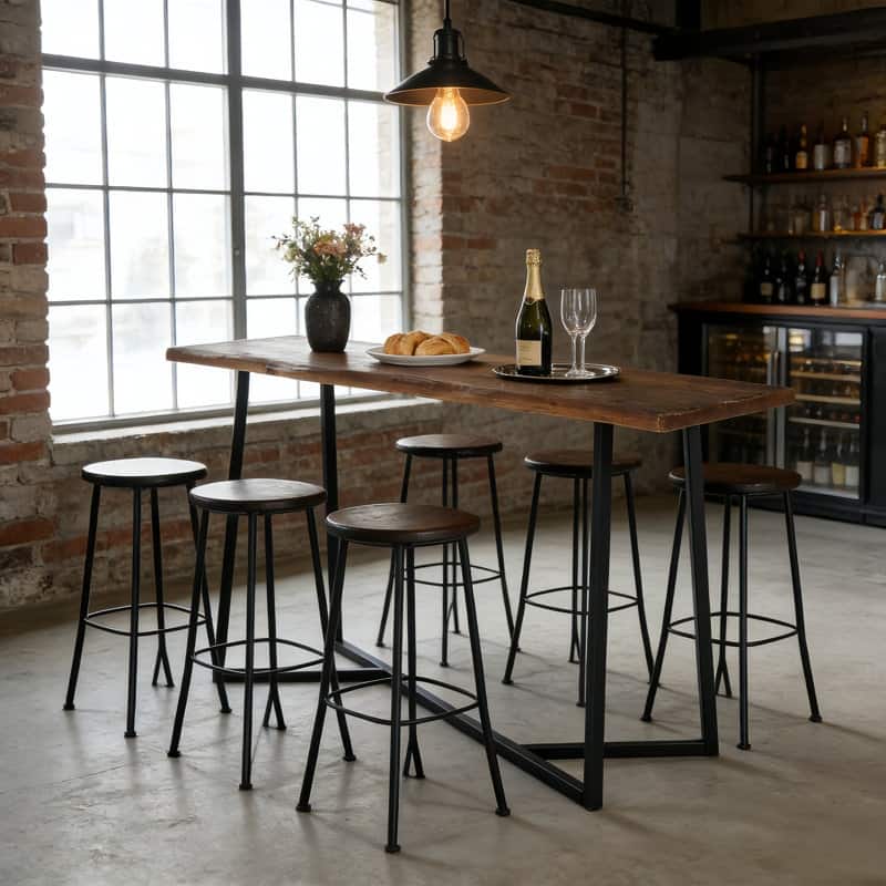 63" Solid Wood Pub Table, Industrial Metal Frame, Counter Height - Brown