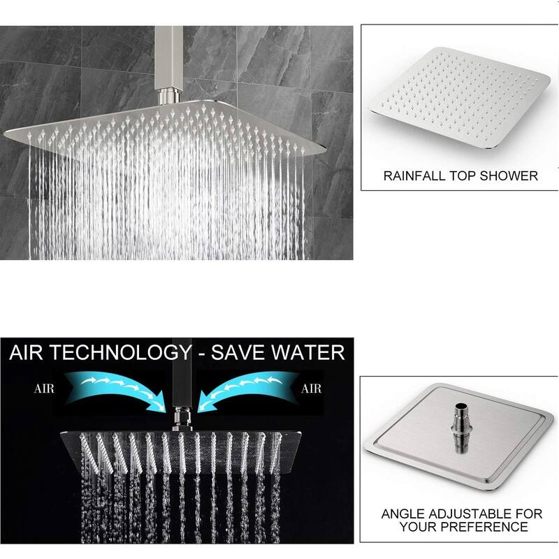 10 or 12 Inch Rain Fall Shower Head Solid Square Ultra Thin 304 Stainless Steel Full Body Coverage with Silicone Nozzle