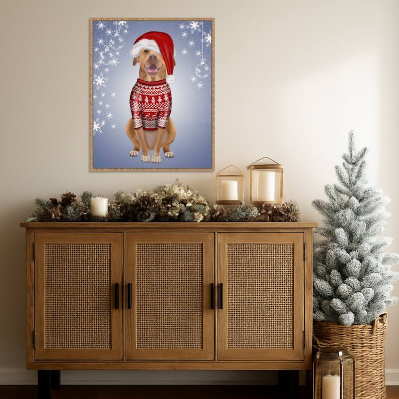 Pitbull in Christmas Sweater by Fab Funky (23 x 28 in.), Framed Canvas Wall Art Print - Sylvie Beaded Rustic Natural