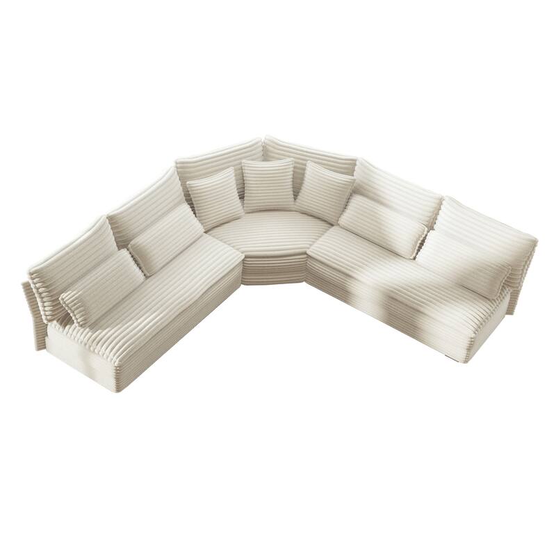 5-Seater L-Shaped Sectional Sofa with Curved Corner - Plush Corduroy Fabric, 7 Pillows (3 Throw + 4 Lumbar)