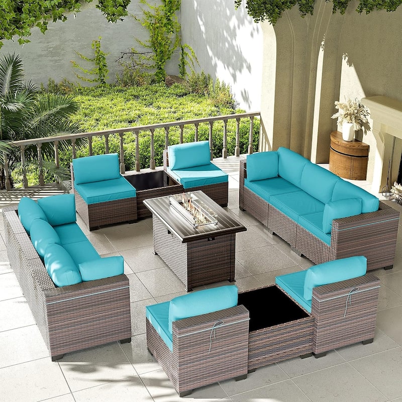 Kullavik 13 Pieces Outdoor Patio Furniture Set with Fire Pit Table - Size A - Turquoise