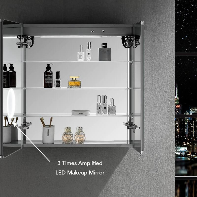 LED Medicine Cabinet with Lights, Defogger, Dimmer, 3X Amplified Mirror, Outlets & USB