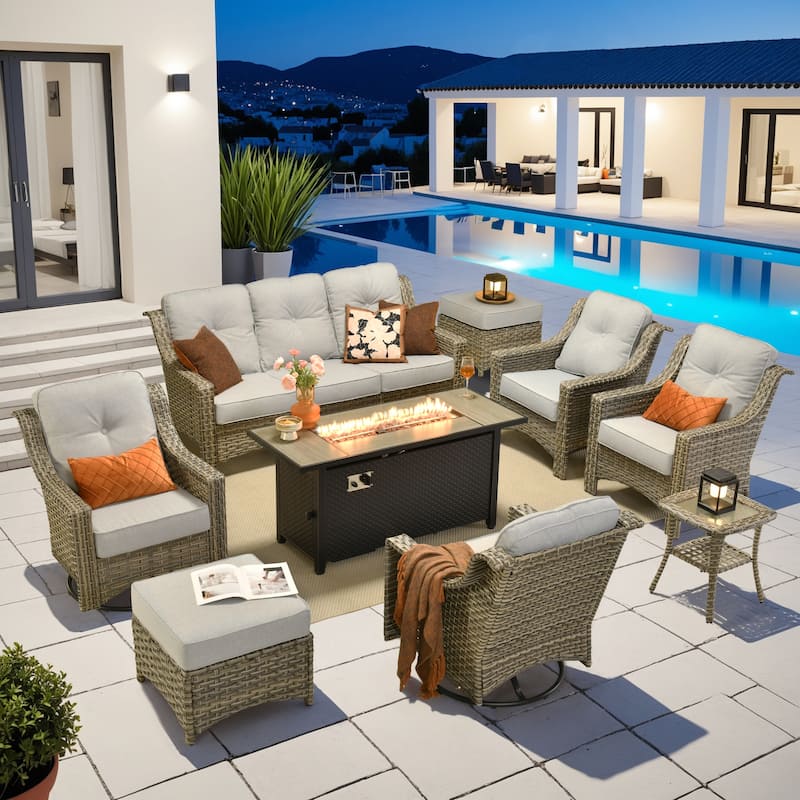 OVIOS 9 Pieces Outdoor Swivel Chairs Set with 54" Fire Table​ - Diamond Blue​