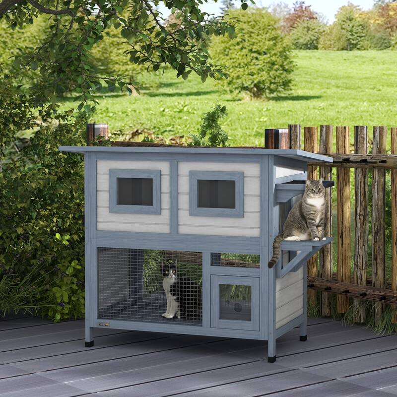 PawHut Outdoor Cat House, 2 Tier Weatherproof Feral Cat Shelter with Escape Door, Asphalt Roof, Jump Platform - LIGHT GREY