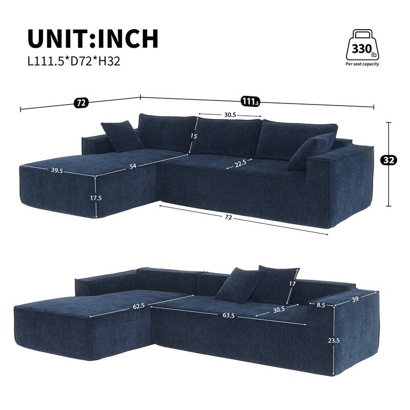 111.5" Chenille Modular Sectional Sofa with Pocket Springs and No Assembly, L-Shaped 4-Seater