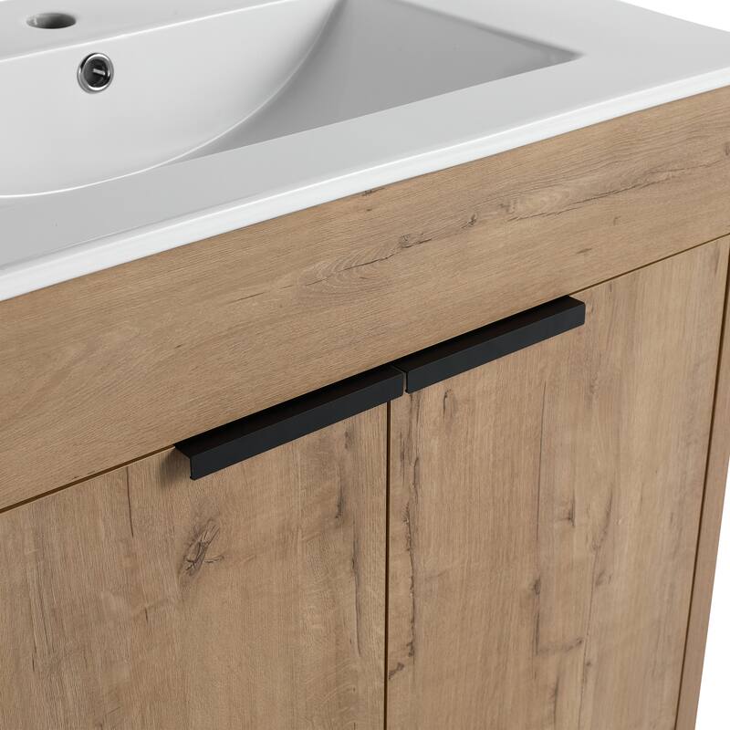 Freestanding Bathroom Vanity with Ceramic Sink, Adjustable Shelf, Metal Handles, Soft Closing Hinges - 30in L Plywood