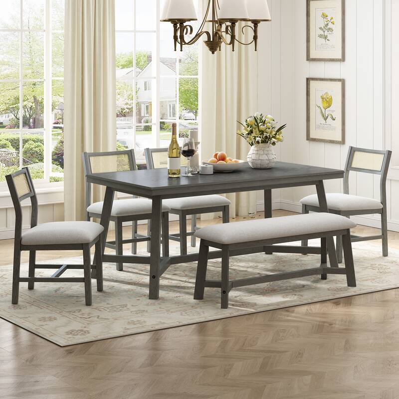 Dining Set, Rectangular Table and 4 Upholstered Chairs with Rattan and Bench