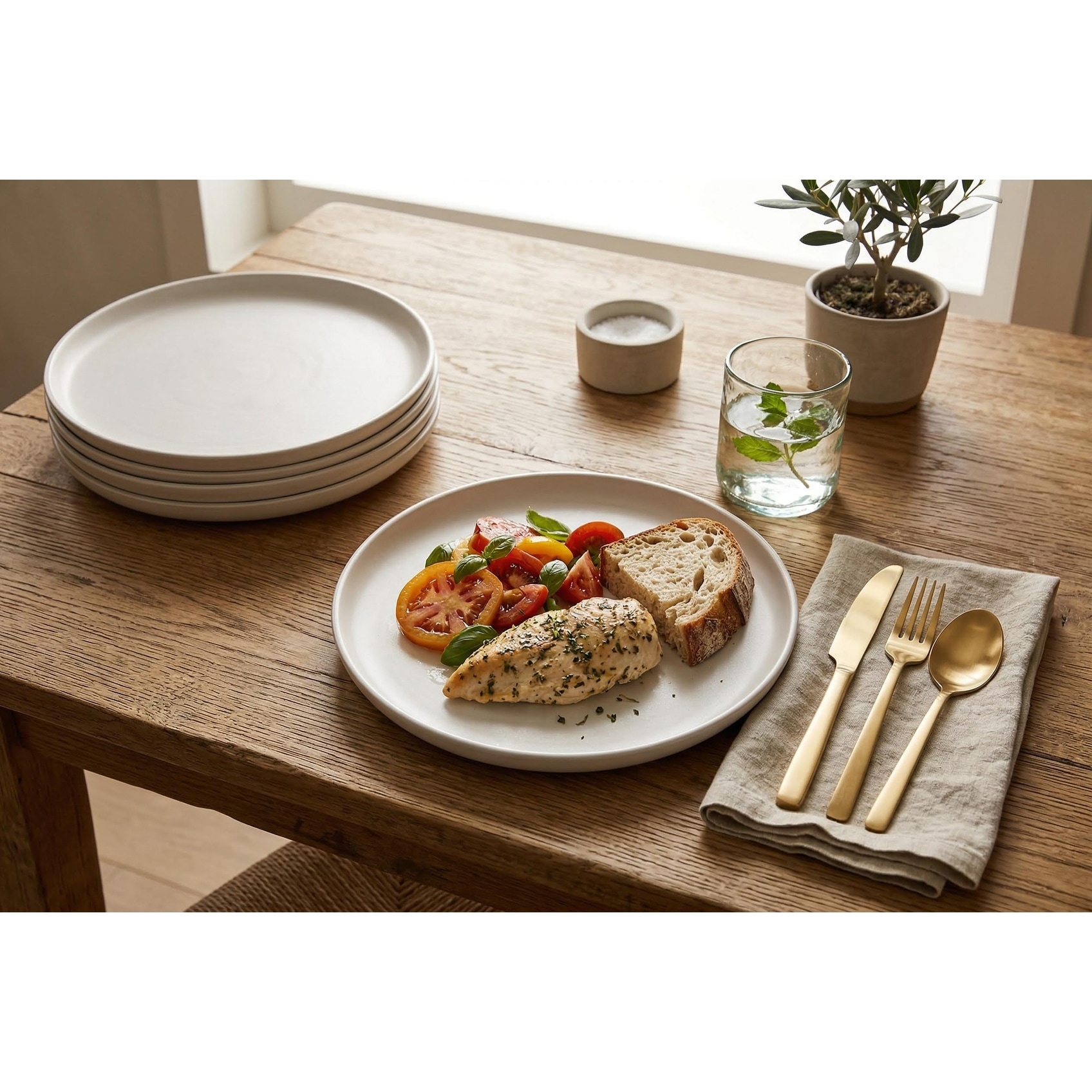 S&Co Gourmet Lisbon Stoneware Dinner Plates, Set of 4, 10.5-inch, Off-White, Matte Finish