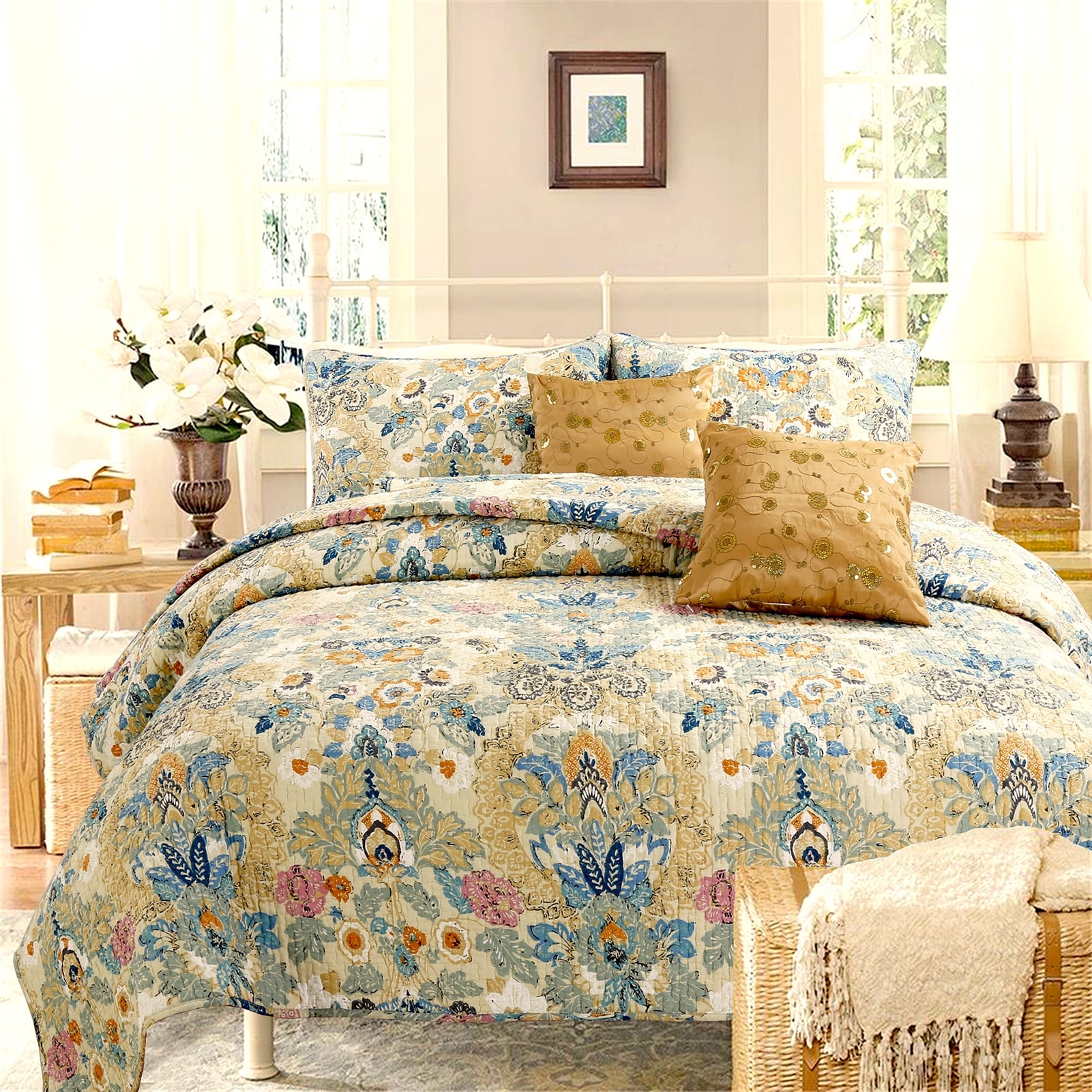 Floral Paisley Blue Cotton 3-Piece Reversible Quilt Bedding Set