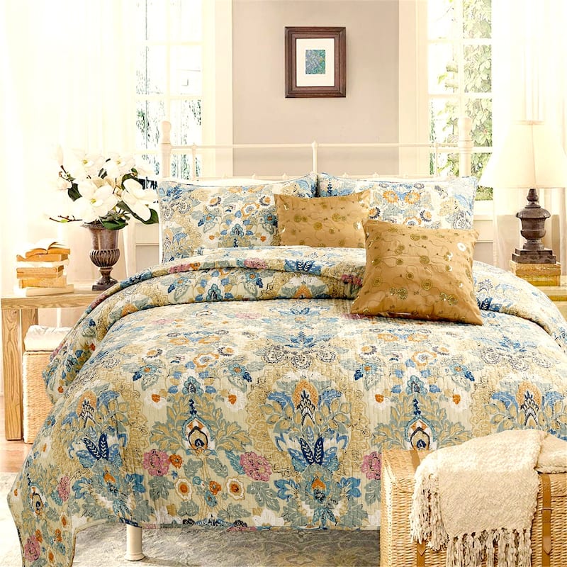 Cozy Line Florabella Cotton Golden Floral 3-pc. Reversible Quilt Bedding Set - King