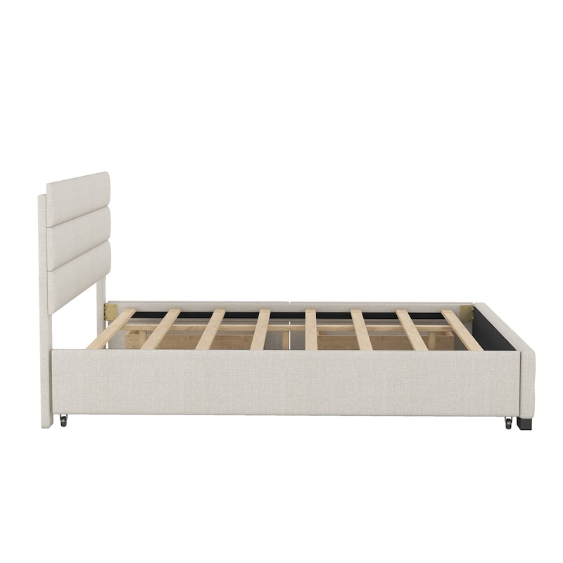 Queen Size Platform Bed with Two Drawers Storage Bed and Upholstered Headboard, Pull-out Trundle Bed for Bedroom