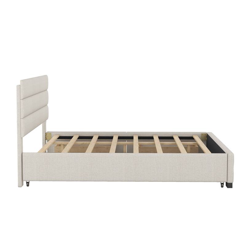 Roomfitters Queen Upholstered Platform Bed with Twin Trundle and Side Compartments for Extra Storage, Beige