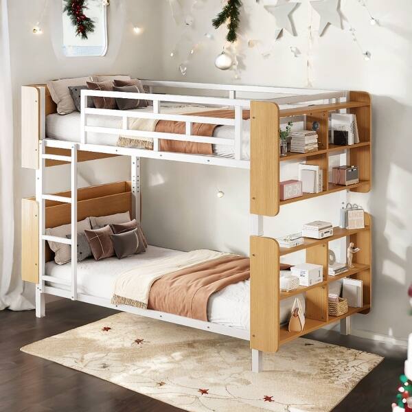 slide 2 of 12, 2 IN 1 Metal Bunk Bed with Ladder and Full-Length Guardrail White - Twin