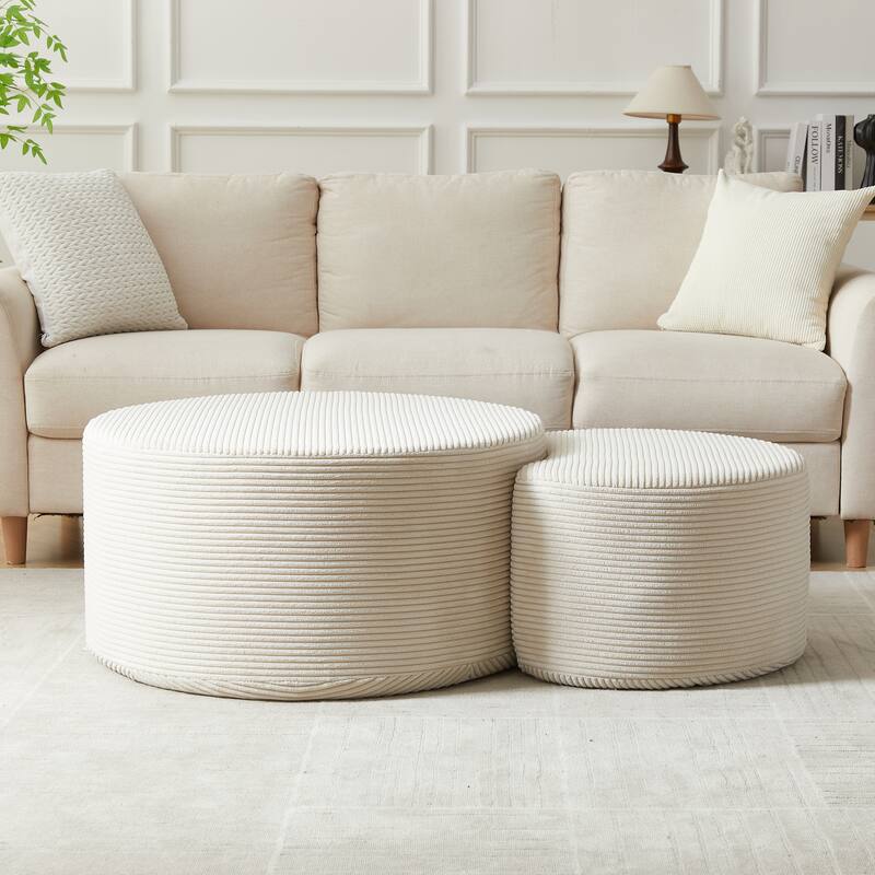 Nesting Tables Set of 2, Corduroy Upholstered Round Coffee Table and Crescent Moon Side Table Set of 2, End Tables Ottomans