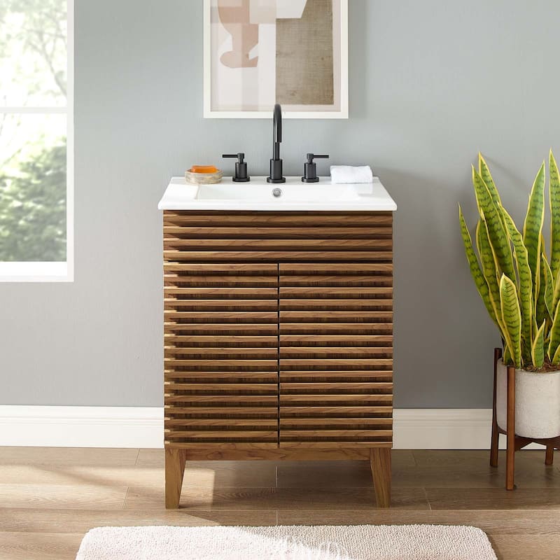 Render 24 Inch Mid-Century Bathroom Vanity With Sink in Walnut White - Walnut White