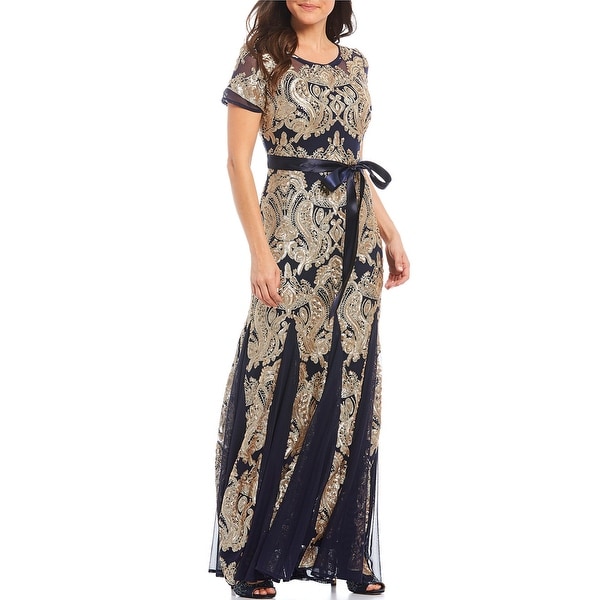 R & M Richards Short Sleeve Mesh Sequin Gown, Navy/Gold, 12P. Opens flyout.
