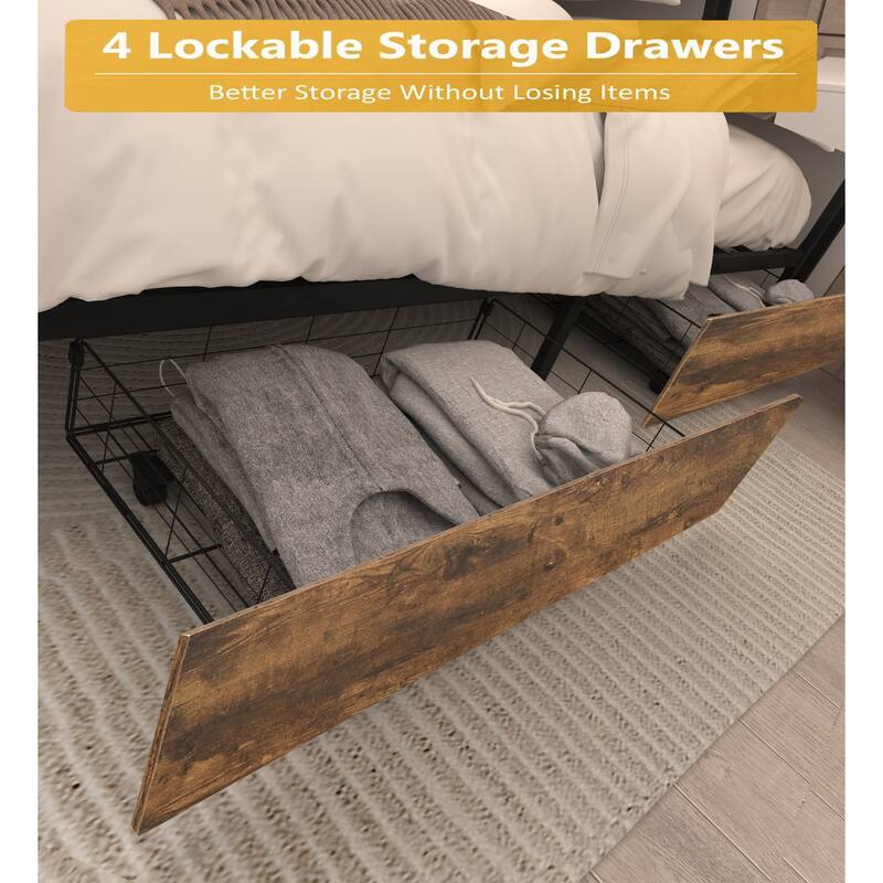 Queen Bed Frame with Storage Headboard, Charging Station, LED Lights, Easy Assembly