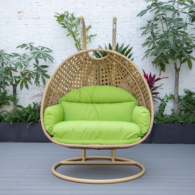 LeisureMod Mendoza 2-Person Hanging Egg Swing Chair - Handcrafted Light Brown Wicker, Patio Hammock Lounger with Cushions - 53"
