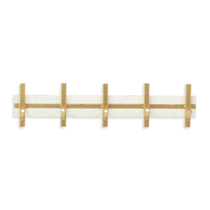 Handcrafted Five Hook Coat Rack - 21.75" - White and Gold