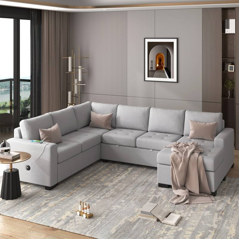 Modular Combination Sofa with Ottoman, USB and Type-C Interfaces - Grey