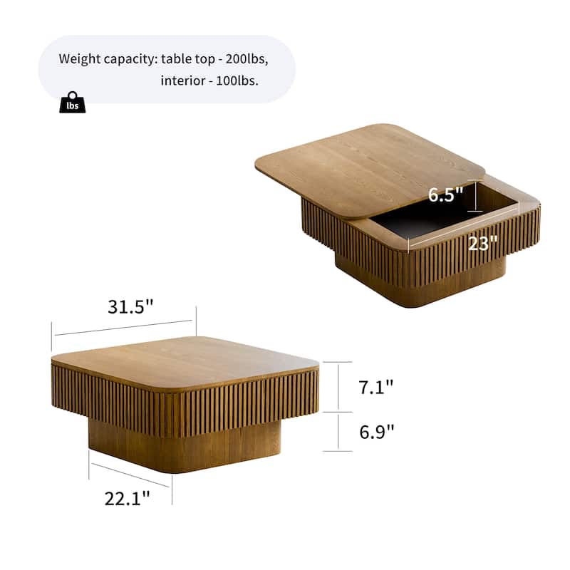 Modern 31.5" Square Coffee Table with Storage Solid Wood Veneered Accent Table for Living Room or Bedroom