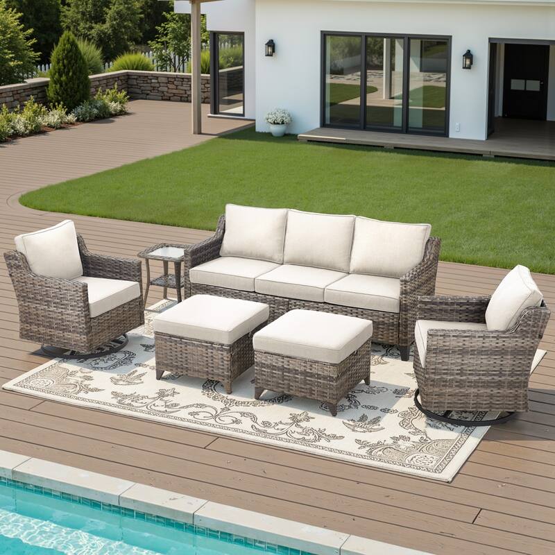 Glissia 6-Piece Gray Wicker Patio Conversation Set with Swivel Gliders and Ottomans