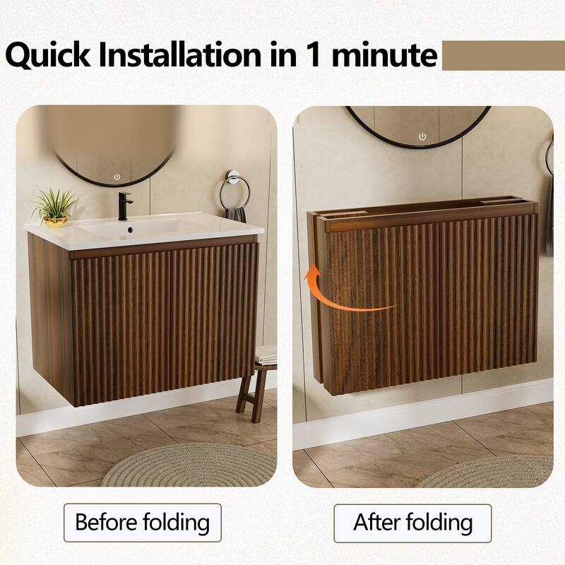 30 Inch Folding Wall Cabinet with Ceramic Sink, Patented 1-Minute Install, Space-Saving Modern Bathroom Cabinet
