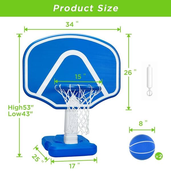 dimension image slide 1 of 2, Pool Basketball Hoop, 2 Adjustable Heights, Includes Poolside Water Basketball Hoop - 34x25x53in