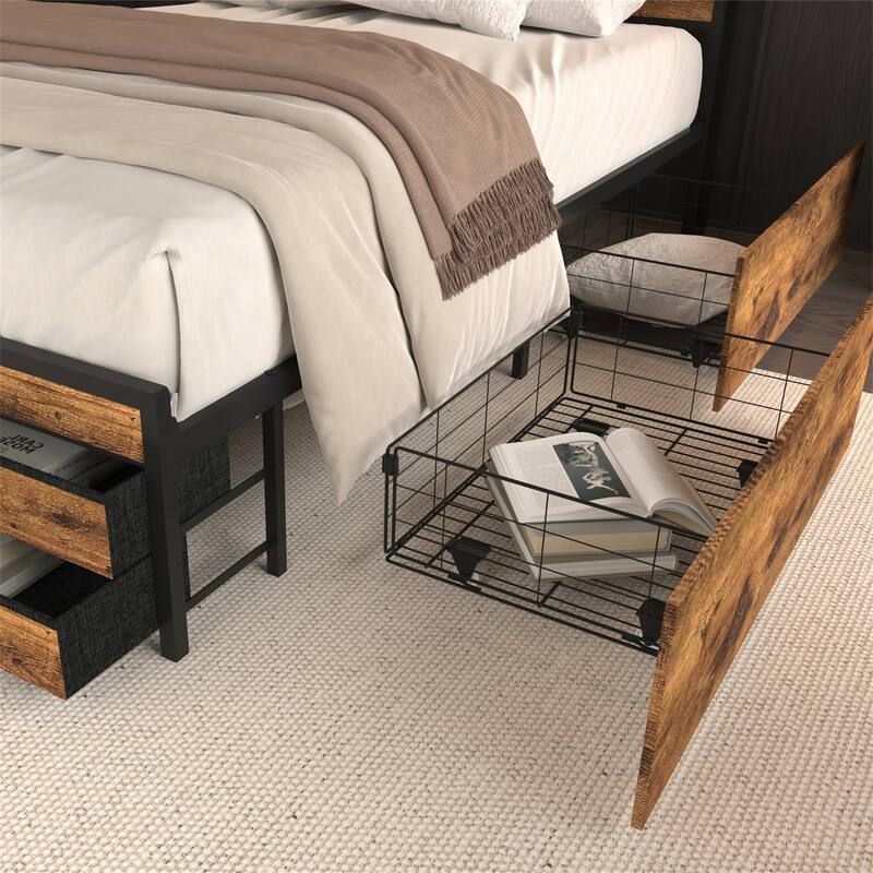 Full/Queen Size Metal Bed Frame w/ Drawers,LED Headboard,Charging Station