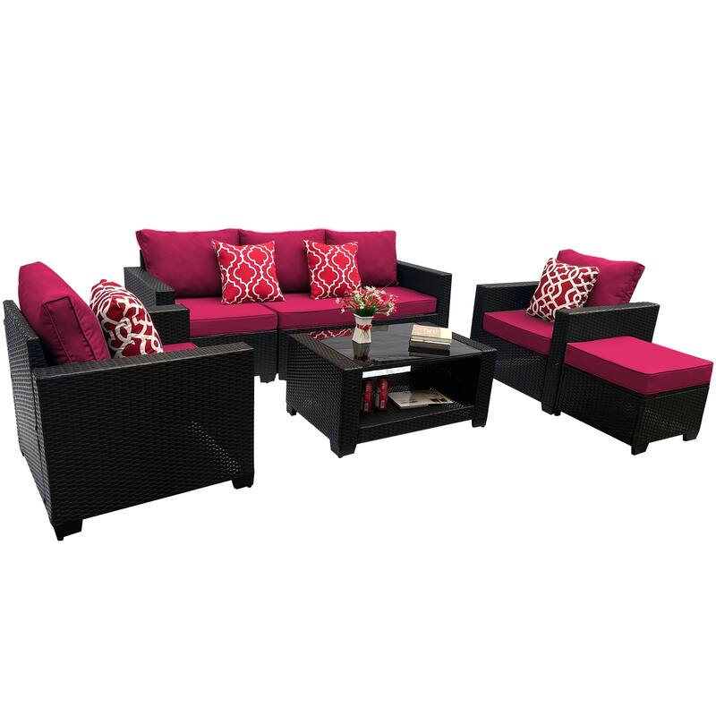 7 Piece Patio Furniture Set, Outdoor PE Rattan Wicker Sectional Sofa Set with 2 Sofa Chairs and Tempered Glass Table