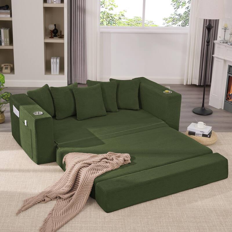 2-in-1 Convertible Sleeper Sofa, Floor Folding Couch, Sofa Bed with Side Pocket, Pull Out Loveseat with Cup Holders