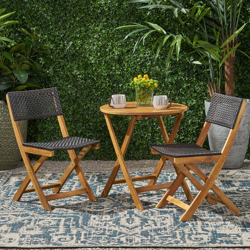 3 Piece Acacia Wood Patio Folding Bistro Set with Wicker Weave Seating and Backrest