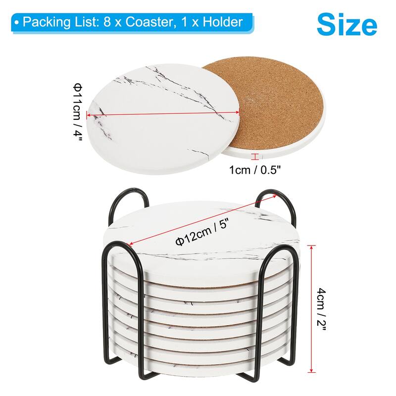 Ceramic Stone Coasters, 8pcs Cork Base Cup Coasters Set with Holder - White