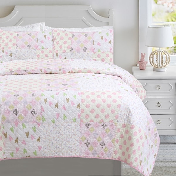 slide 2 of 6, Cozy Line Pink Heart Floral Dot Giraffe Medallion Cotton Patchwork Reversible Quilt Bedding Set
