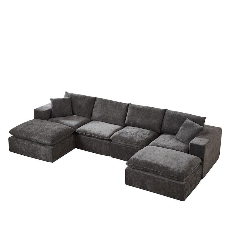 U-Shaped Sectional Sofa with 2 Ottomans, Oversized Chenille Upholstered Cloud Sofa, Deep Seat Sofa with Pillows