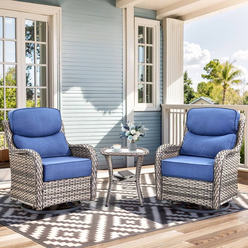 Pocassy Outdoor Glider Chairs Table with 4Inch 5Inch 6Inch Cushion - Grey Wicker Blue Cushion - 3PCS Swivel Chair Table with 6 Inch Cushion
