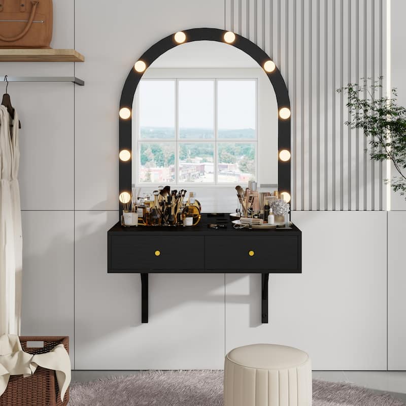 Floating Makeup Vanity with Mirror,3-Color Lights and Power Outlet