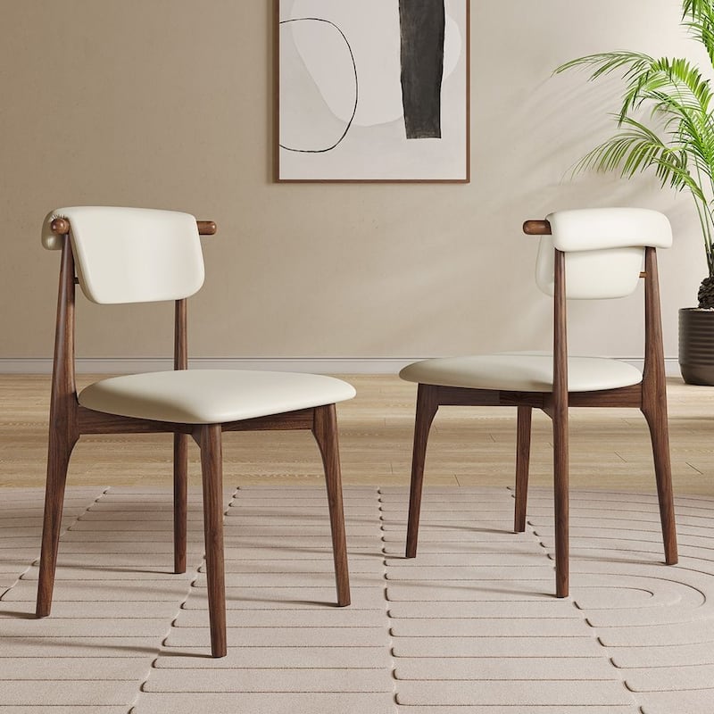 Modern Faux Leather Dining chair, Beige, Solid Wood legs, Set of 2, Fully Assembled