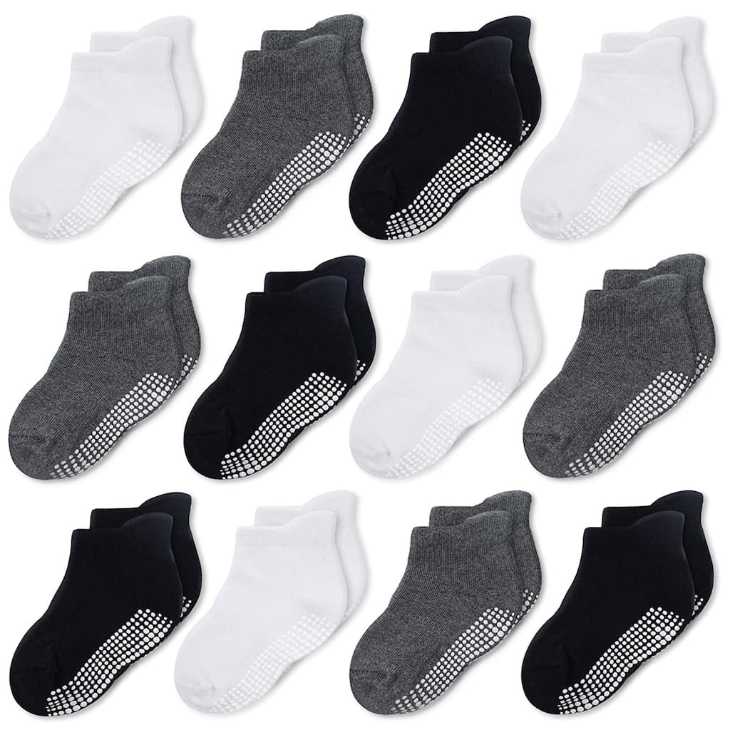 CozyWay Ankle Grip Socks Black/White/DarkGray - 12 pair, 1-3 Years, Unisex
