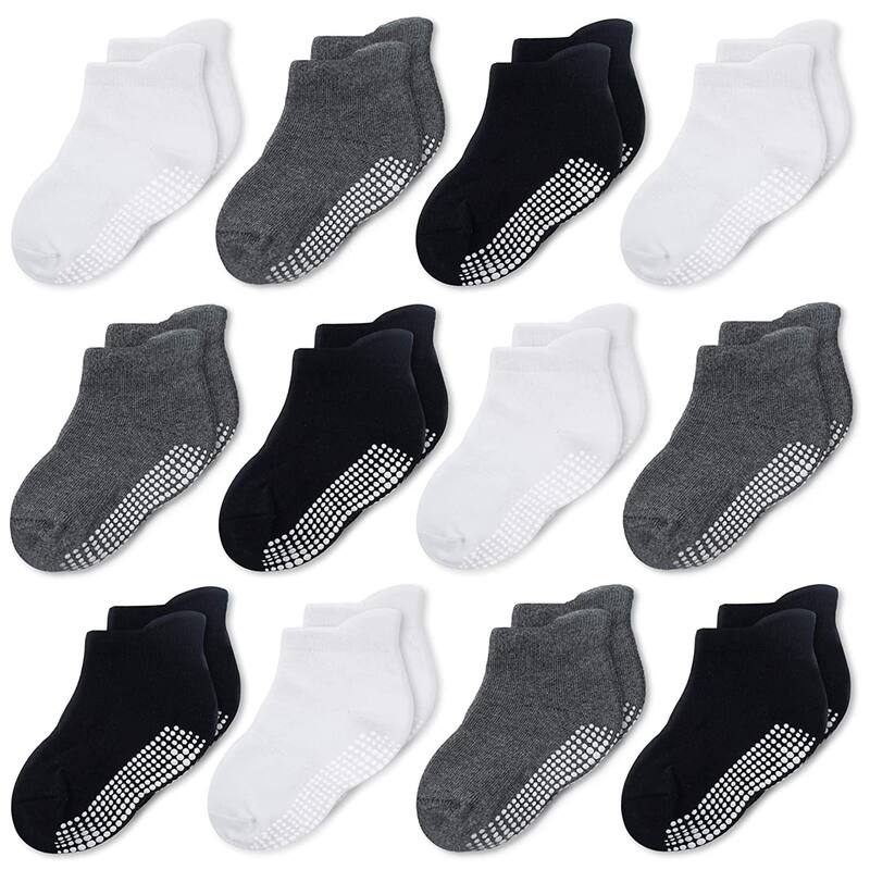 CozyWay Ankle Grip Socks Black/White/DarkGray - 12 pair, 1-3 Years, Unisex