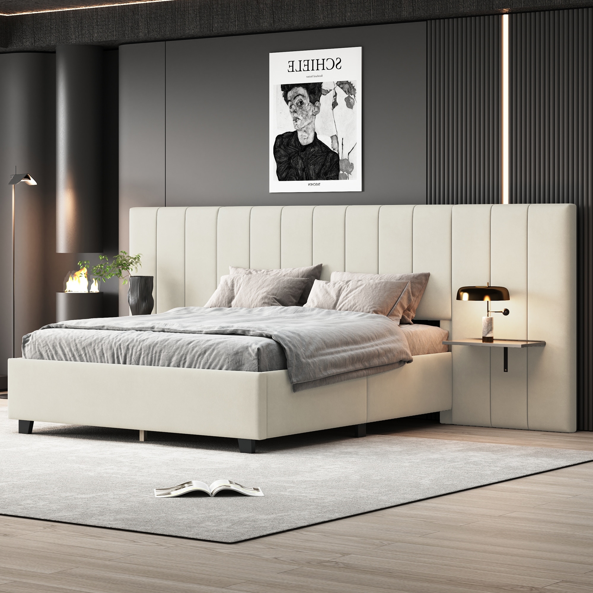Beige Queen Size Modern Style Velvet Upholstered Platform Bed with Big Headboard for Bedroom