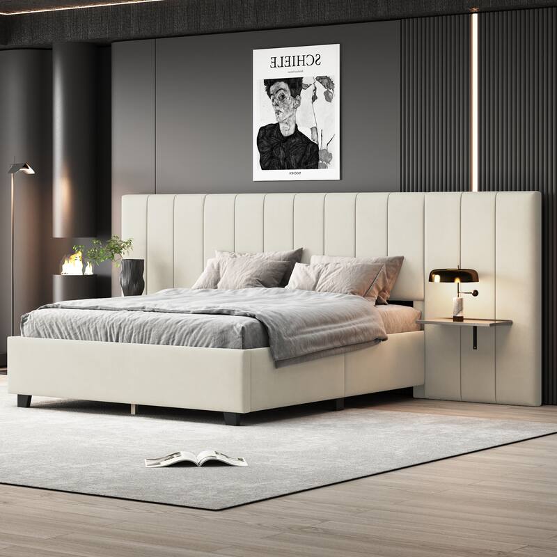 Qeen Size Upholstered Platform Bed with Big Headboard, Bedroom Furniture, Velvet,