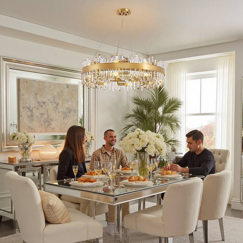 32 in. 2-Tier Modern Crystal Chandelier Brass Gold Round Crystal Raindrop Chandelier Contemporary Pendant Light for Dining Room